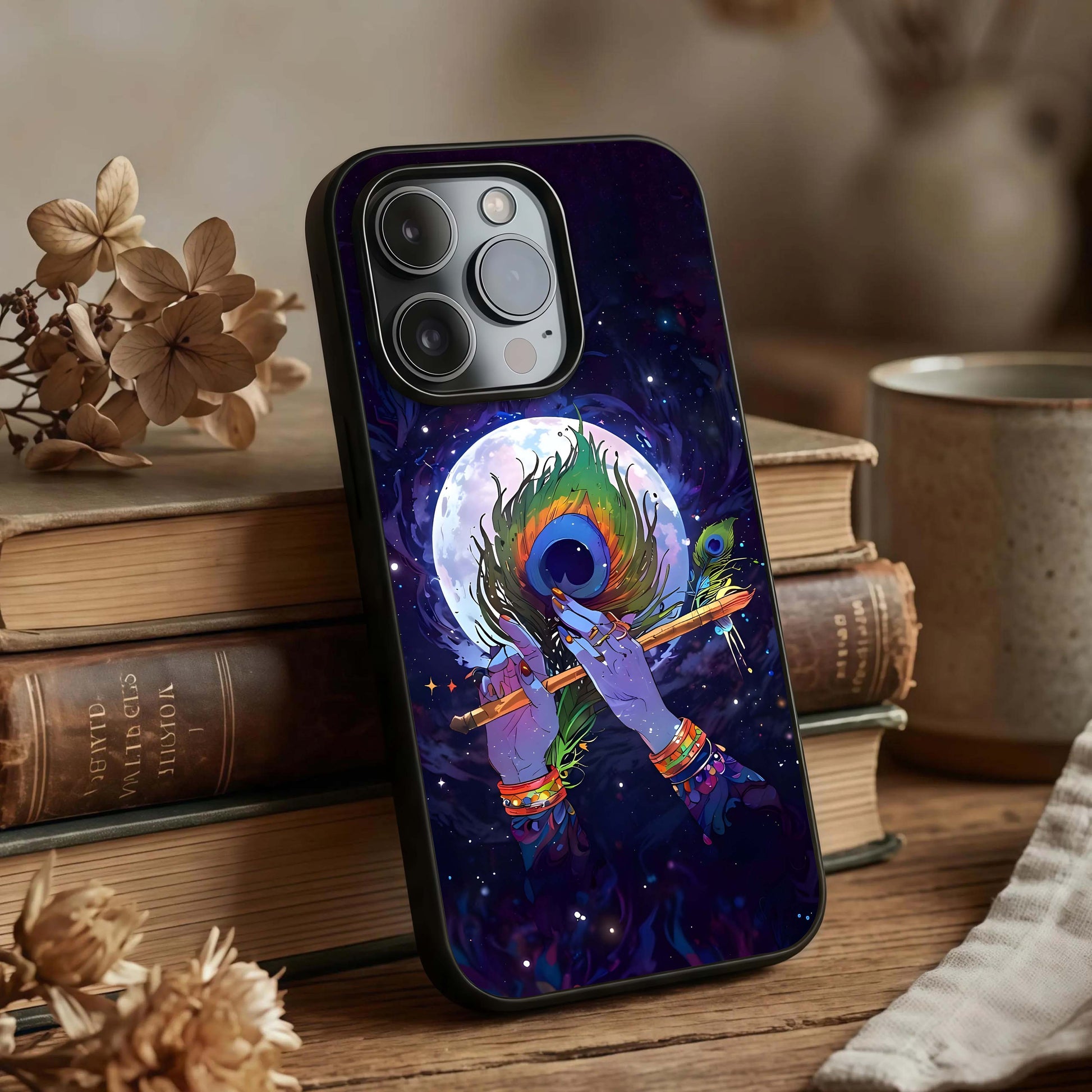 Krishna Hands Art Glass Case displayed upright for devotional visibility and premium finish.