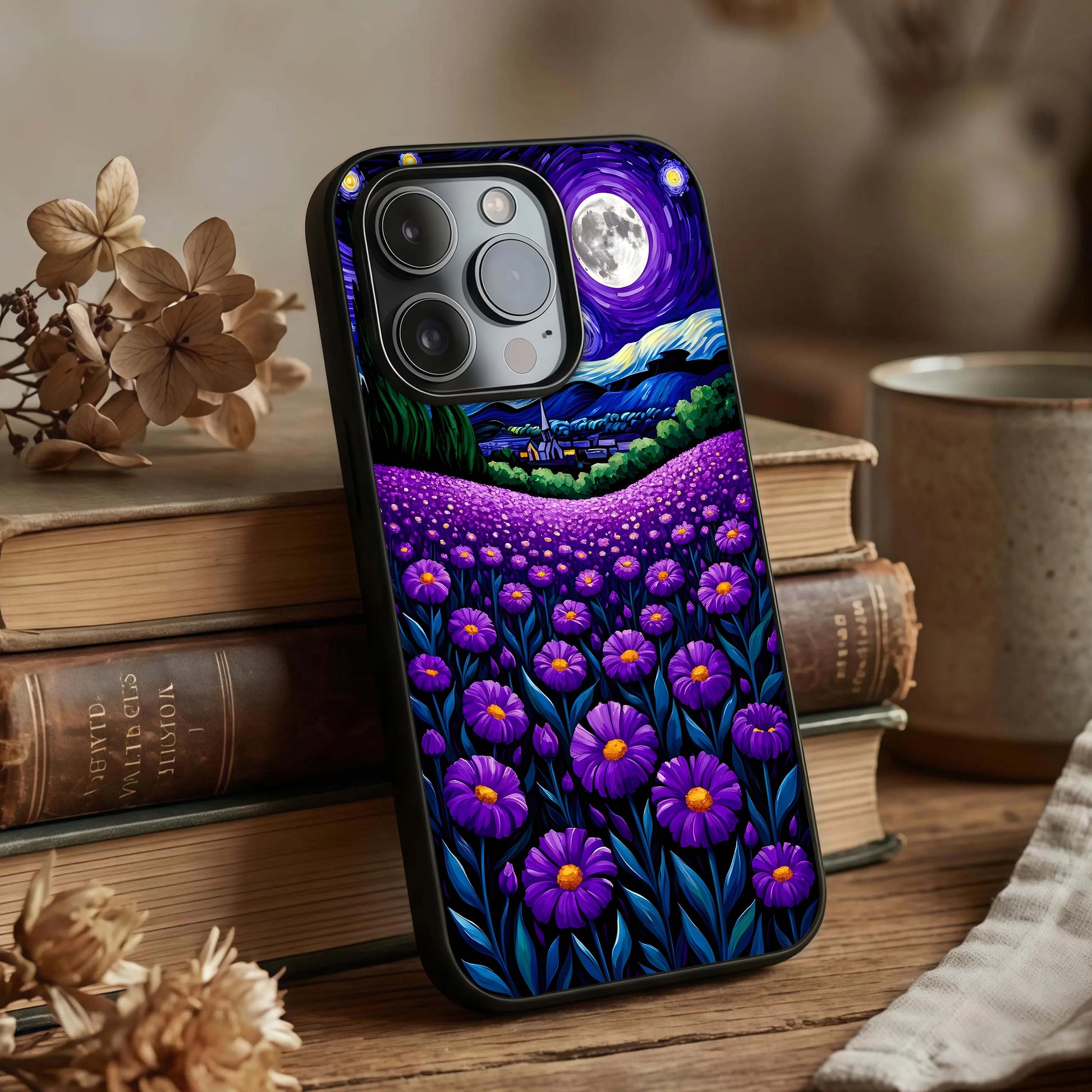 Lavender Moon Field Glass Case displayed upright for serene visibility and premium finish.