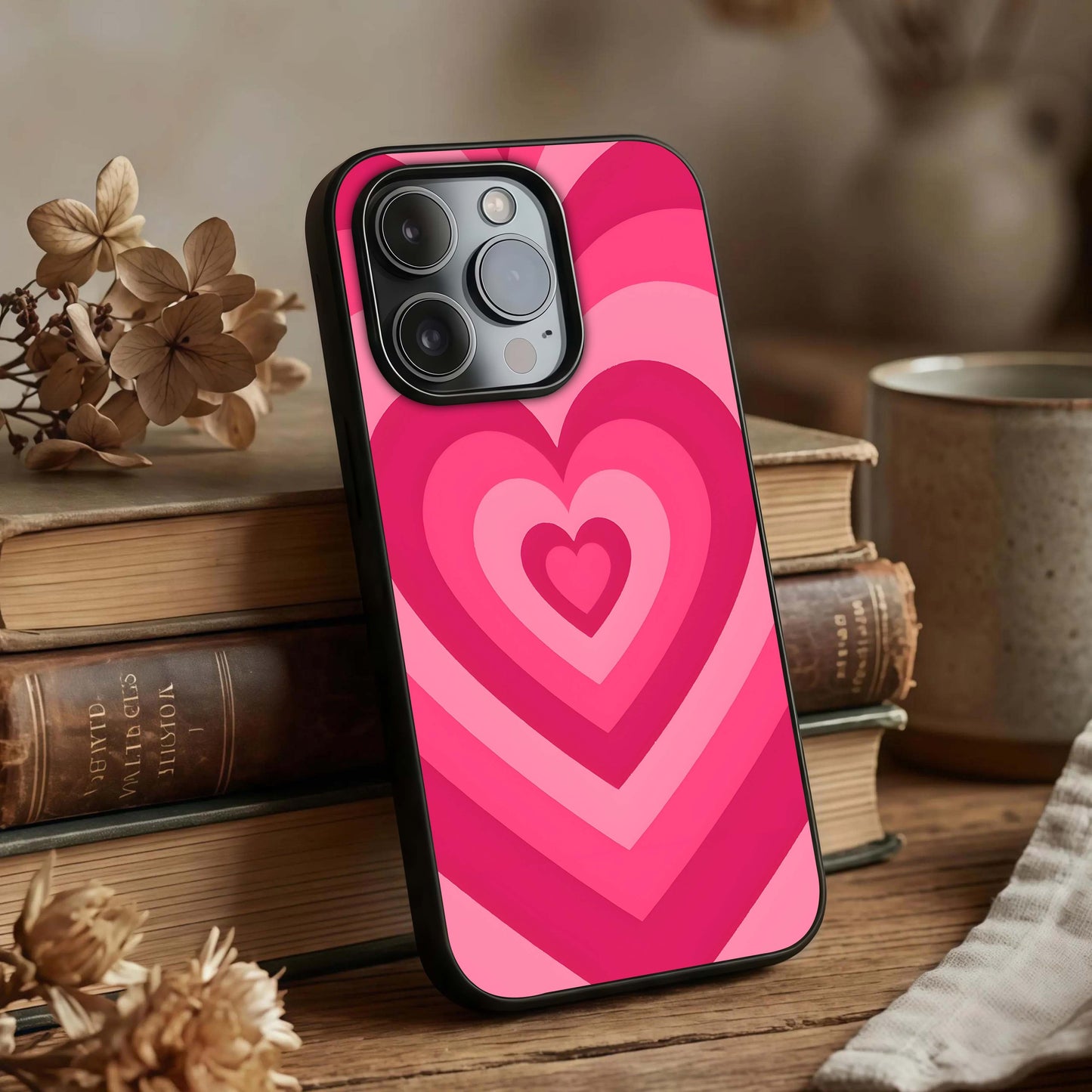 Layered Love Hearts Glass Case displayed upright for romantic design visibility and premium finish.