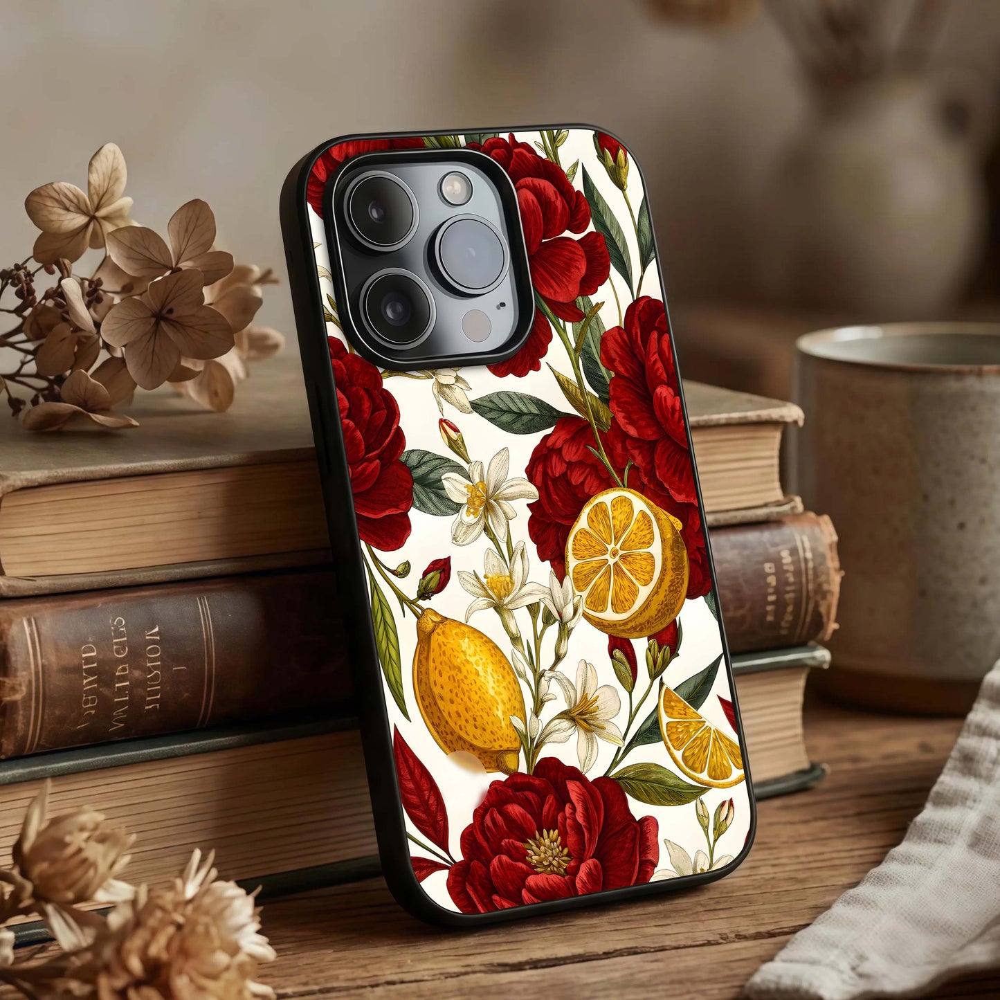 Lemon Rose Charm Glass Case displayed upright for elegant floral visibility and premium finish.