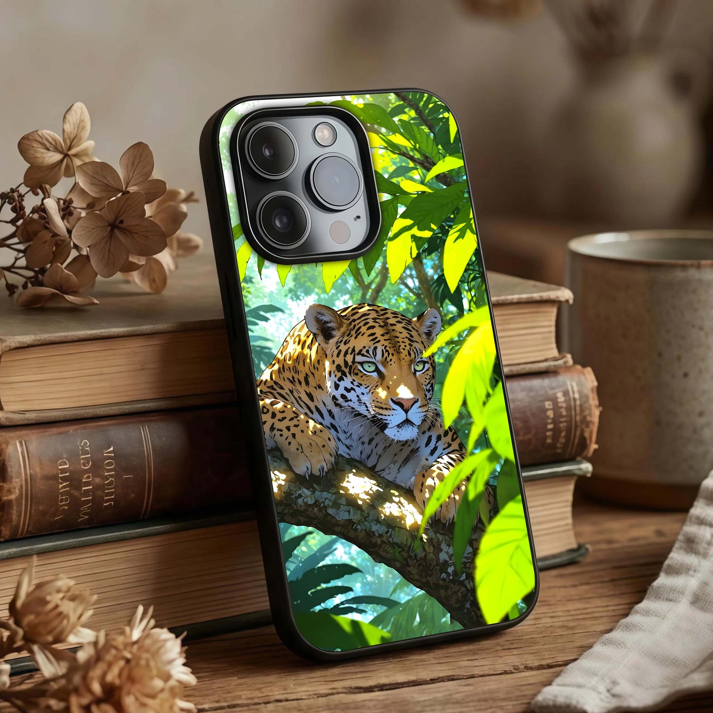 Leopard in Jungle Glass Case displayed upright for fierce design visibility and premium finish.