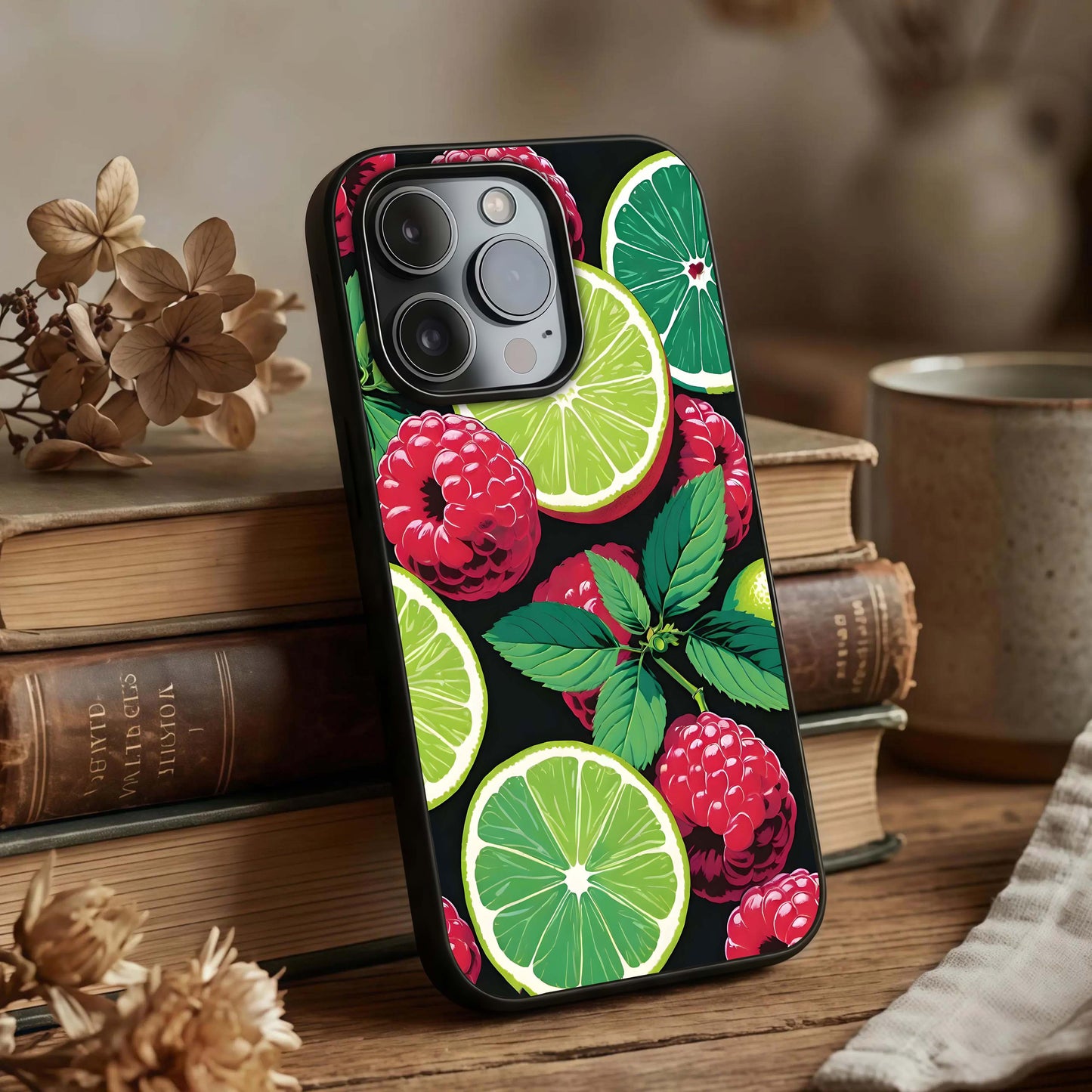 Lime and Raspberry Pattern Glass Case displayed upright for playful pattern visibility and premium finish.