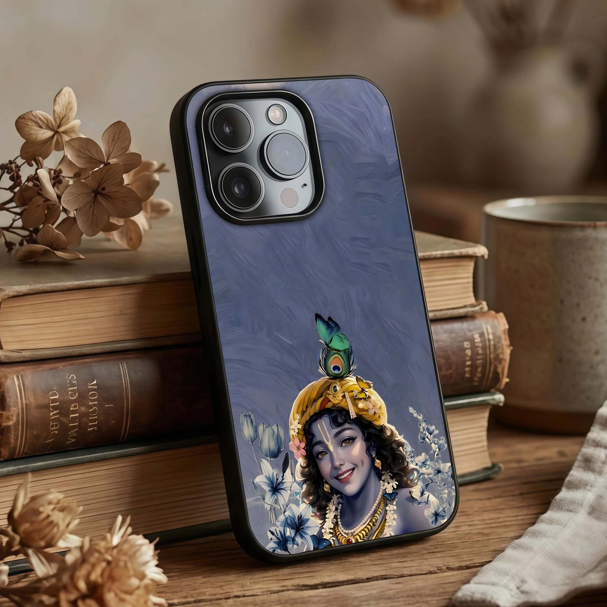 Lord Krishna Glass Case displayed upright for devotional visibility and premium finish.