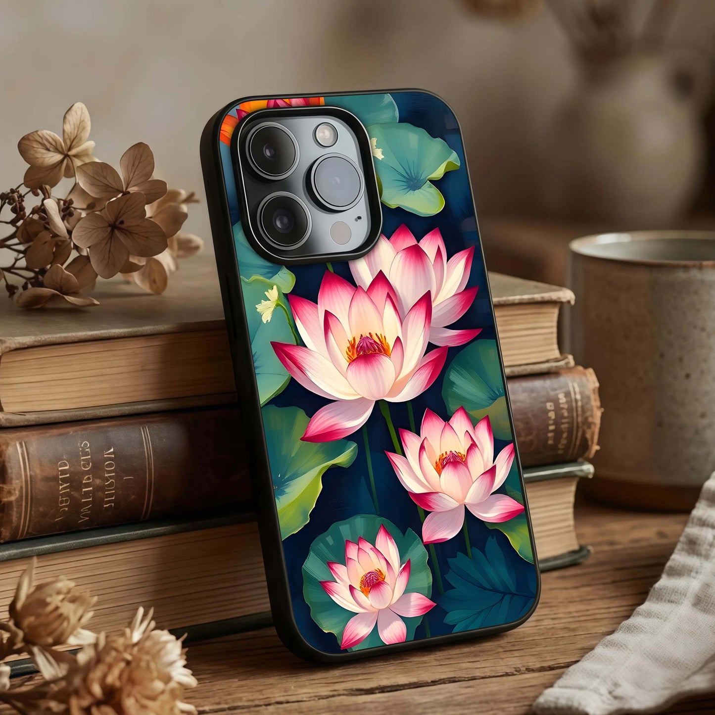 Lotus Dream Serenity Glass Case displayed upright for tranquil design visibility and premium finish.