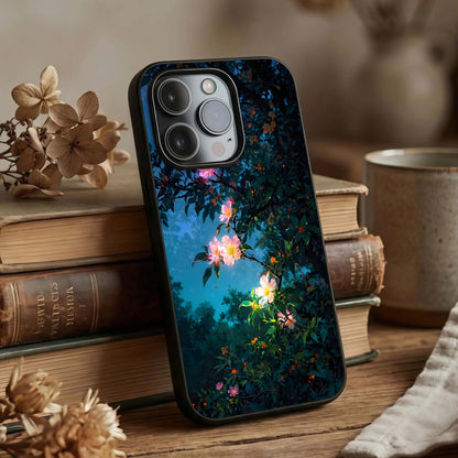 Midnight Bloom Glow Glass Case displayed upright for moody floral visibility and premium finish.