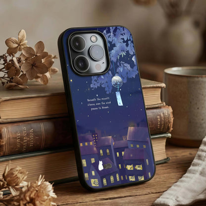 Moonlit Cat Silence Glass Case displayed upright for peaceful design visibility and premium finish.