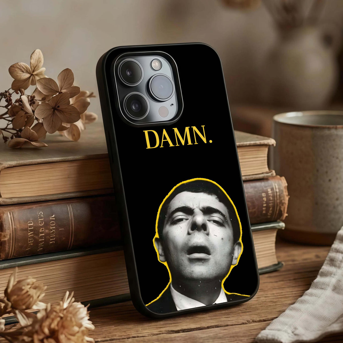 Mr Bean Damn Glass Case displayed upright for fun statement visibility and premium finish.