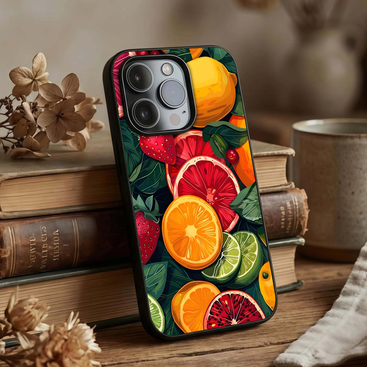 Multiple Fruits Glass Case displayed upright for lively design visibility and premium finish.