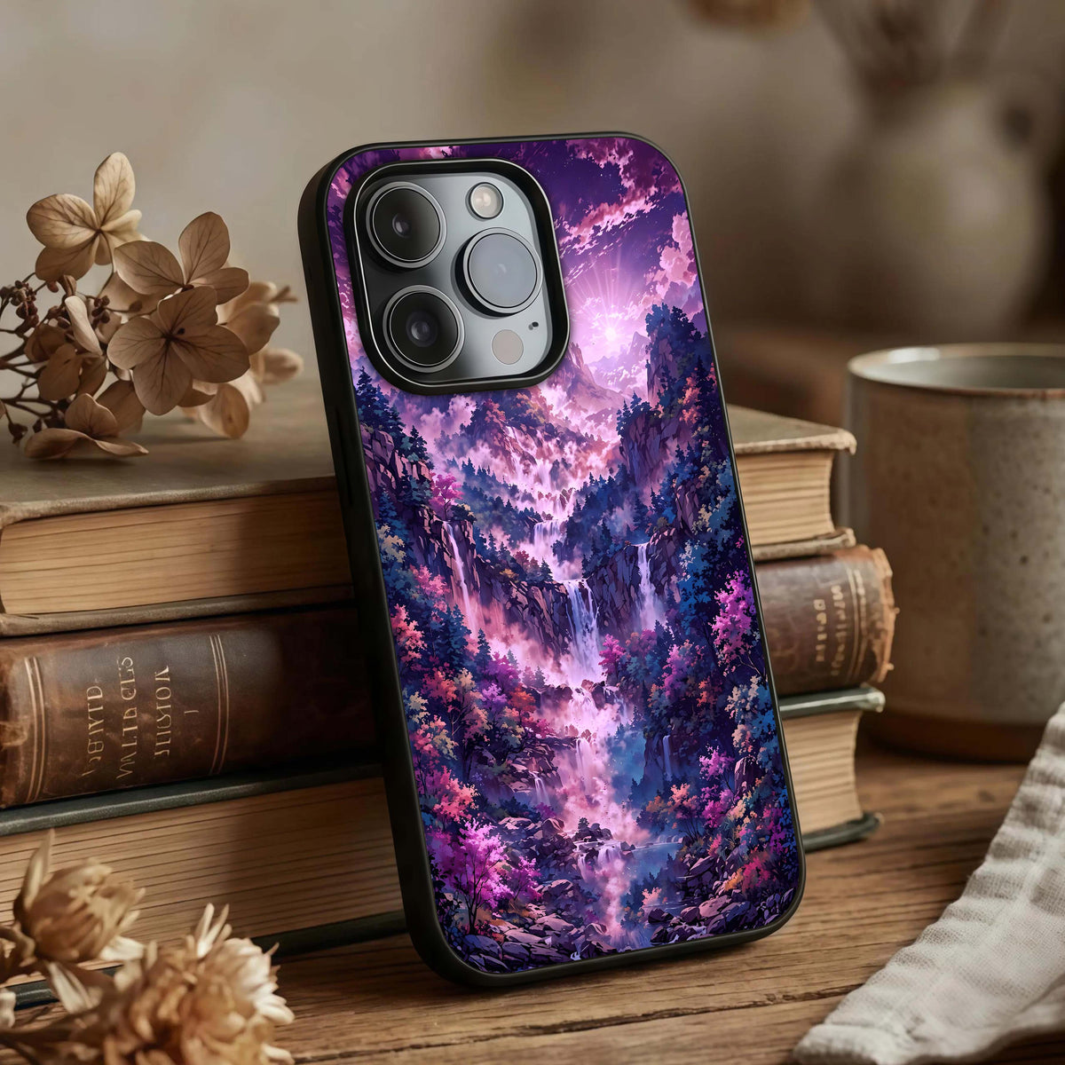 Mystic Cascade Peaks Glass Case displayed upright for scenic visibility and premium finish.