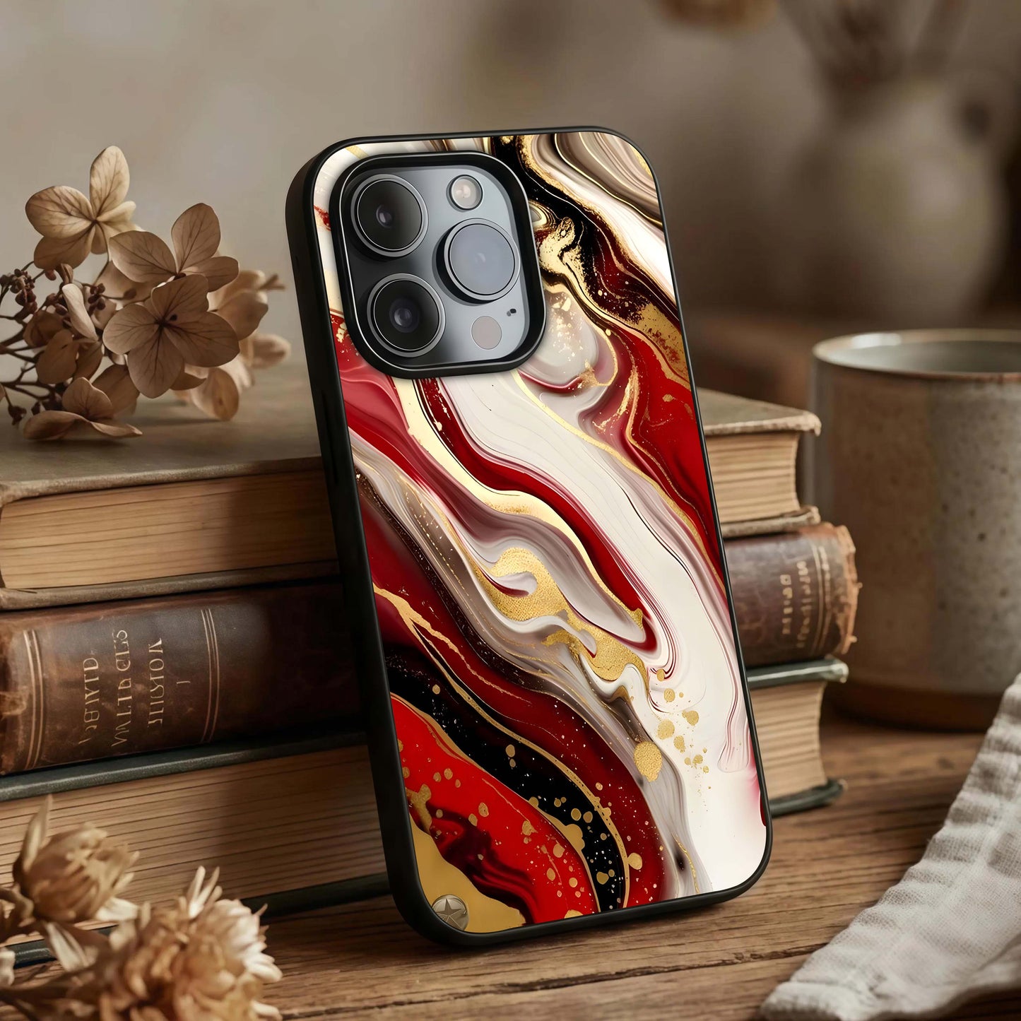 Red & White Marble Glass Case