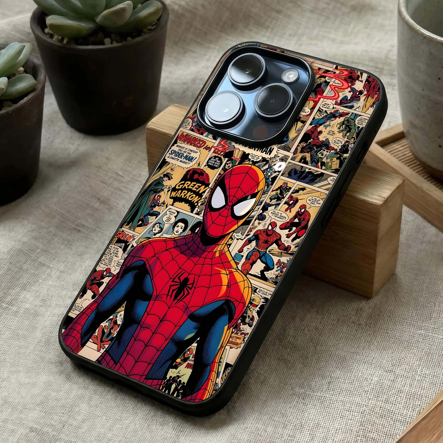 Aesthetic Spider Glass Case laid diagonally highlighting dynamic visuals and HD glass shine.