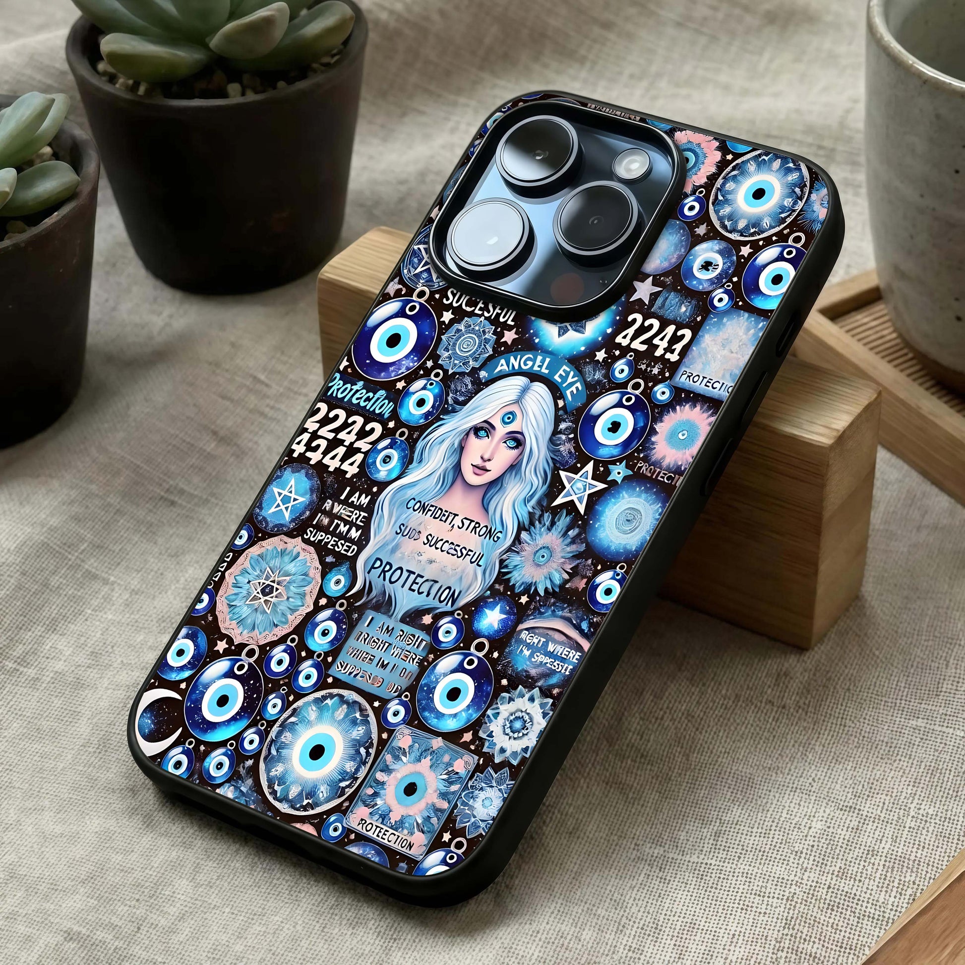 Angel Aura Shield Glass Case laid diagonally highlighting subtle gradients and HD glass shine.