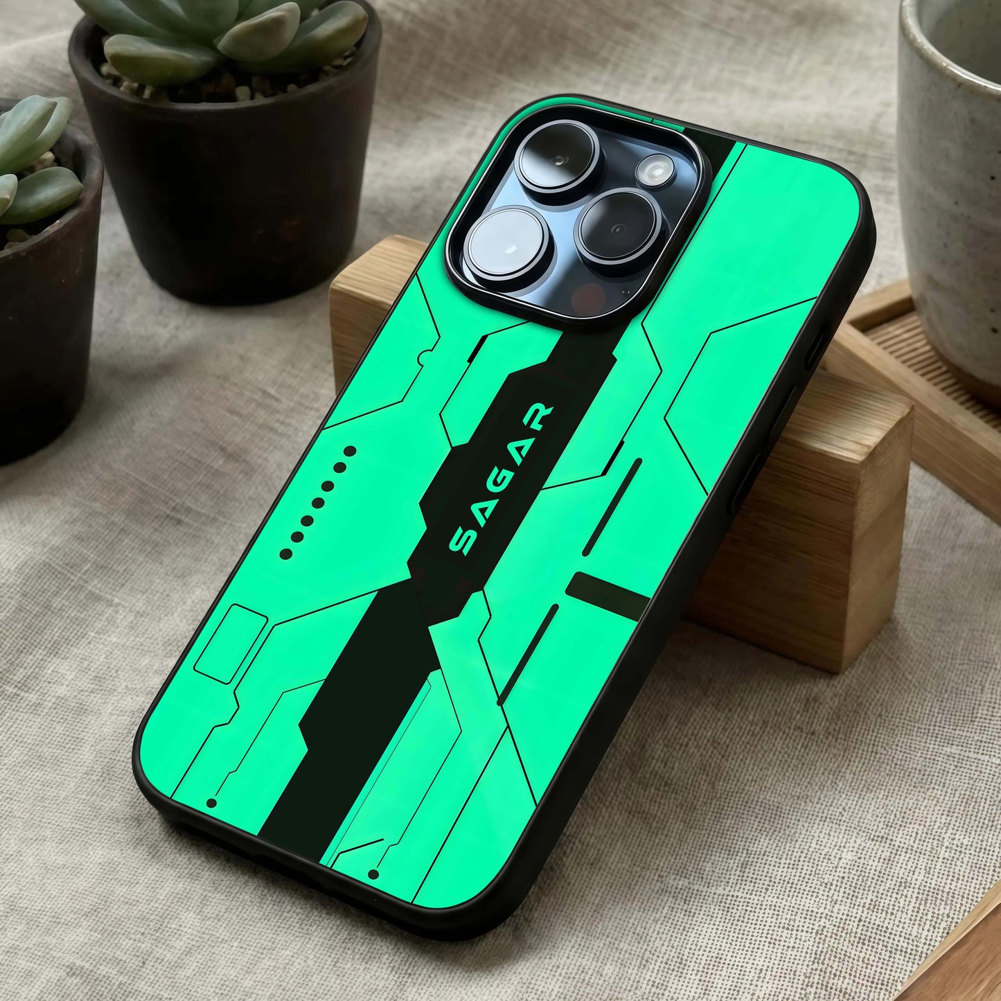 Aqua Tech CYBERPUNK Custom Name Glass Case laid diagonally highlighting neon accents and HD glass shine.
