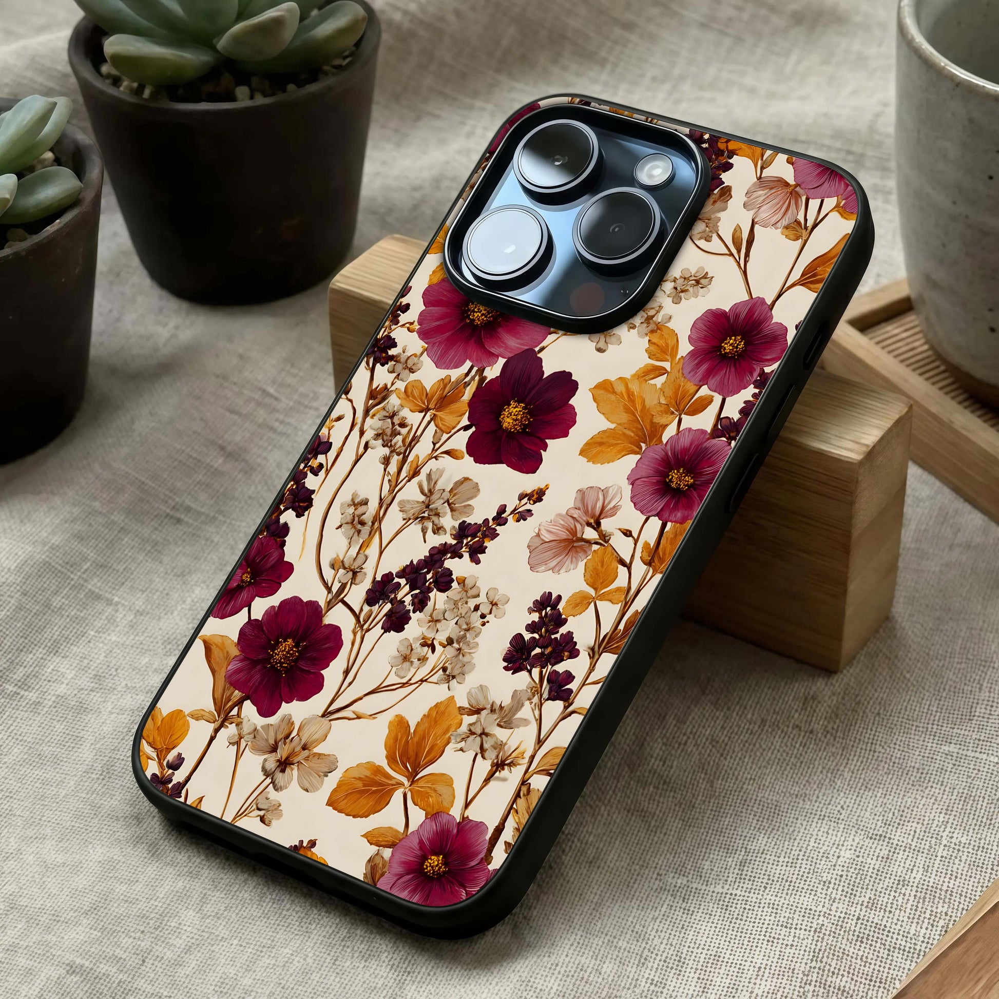 Autumn Wine Bloom Glass Case laid diagonally highlighting petal detailing and HD glass shine.