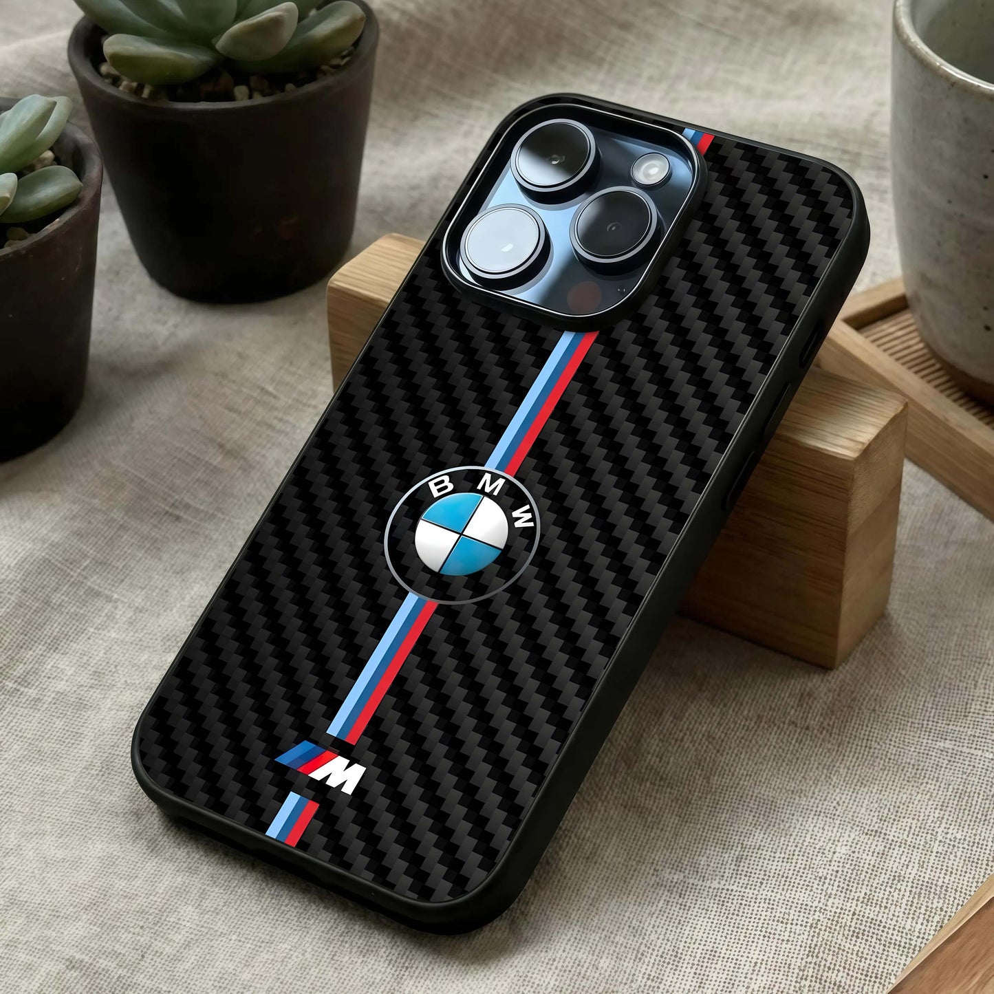 BMW Pattern Glass Case laid diagonally highlighting sharp detailing and HD glass shine.