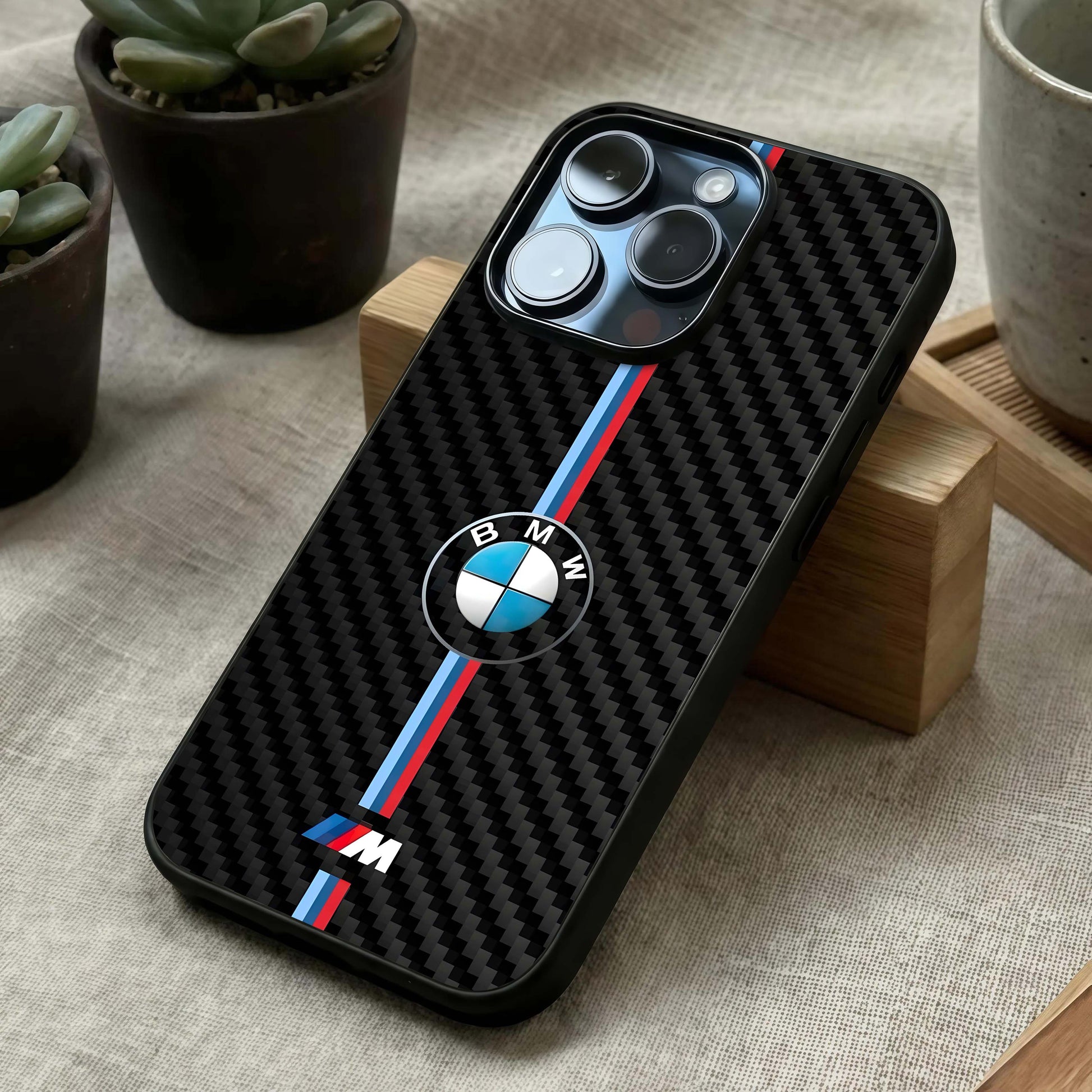BMW Pattern Glass Case laid diagonally highlighting sharp detailing and HD glass shine.