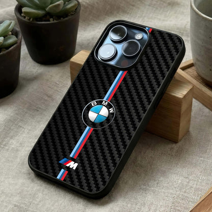 BMW Pattern Glass Case laid diagonally highlighting sharp detailing and HD glass shine.