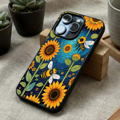 Bees & Sunflowers Glass Case laid diagonally highlighting botanical elements and HD glass shine.