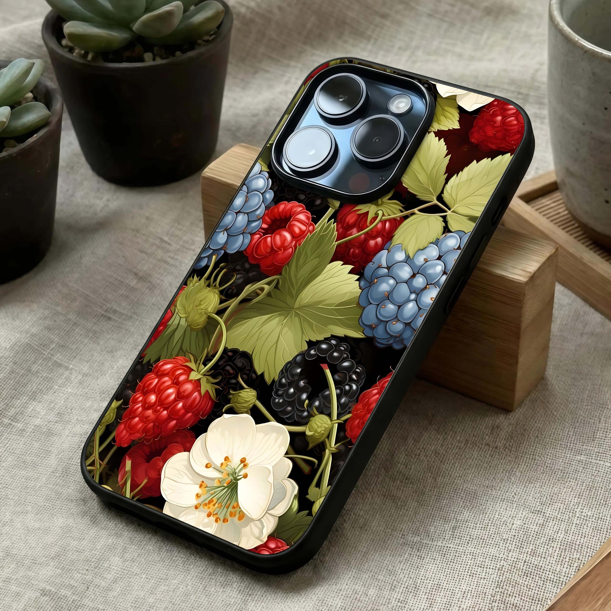 Berry Bloom Charm Glass Case laid diagonally highlighting gentle patterns and HD glass shine.