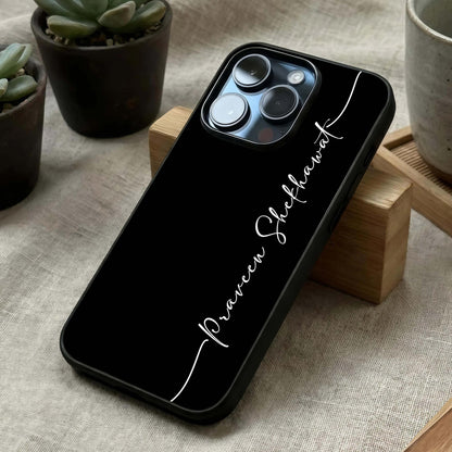 Black Tune Custom Name Glass Case laid diagonally highlighting smooth contours and HD glass shine.