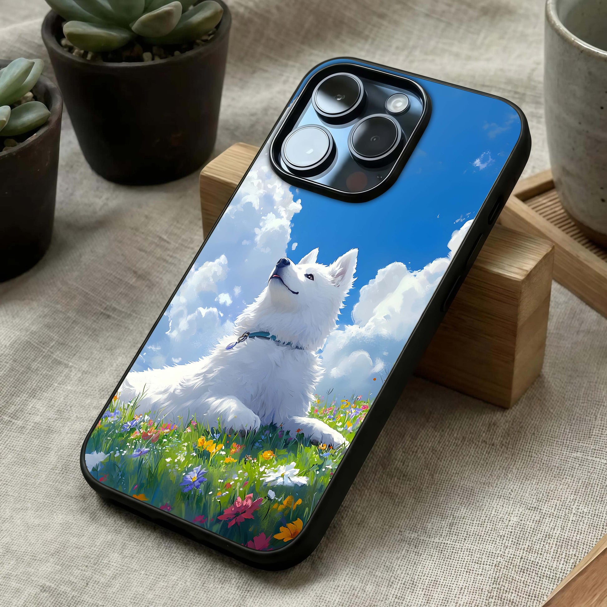 Blissful Cloud Pup Glass Case laid diagonally highlighting smooth artwork flow and HD glass shine.