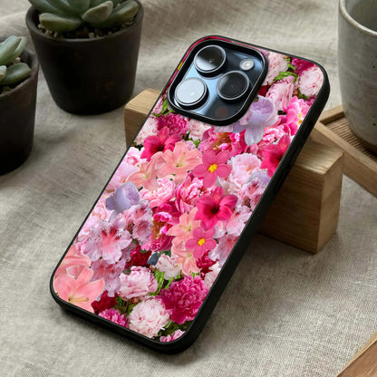 Bloom Crush Fantasy Glass Case laid diagonally highlighting dynamic patterns and HD glass shine.