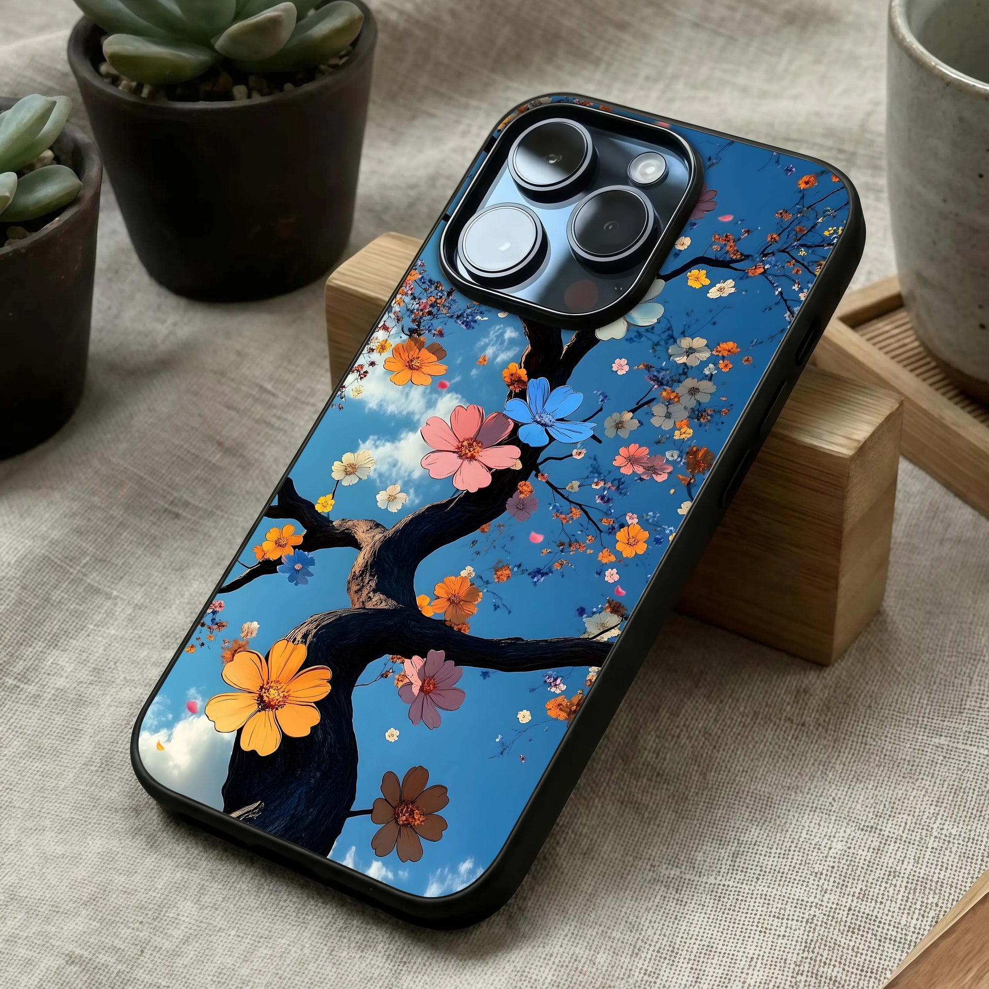 Blossom Dream Sky Glass Case laid diagonally highlighting gentle transitions and HD glass shine.