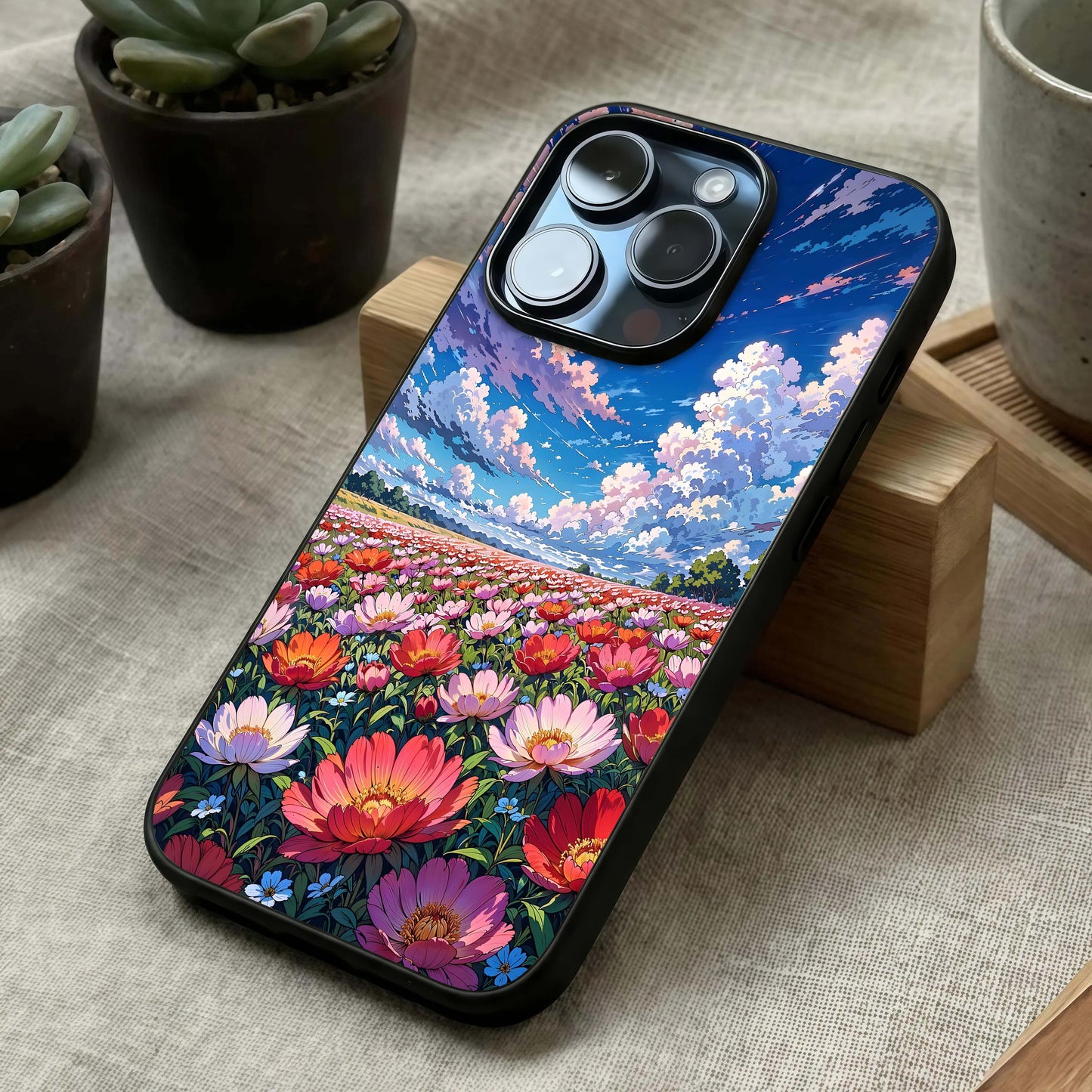 Blossom Sky Field Glass Case laid diagonally highlighting scenic flow and HD glass shine.