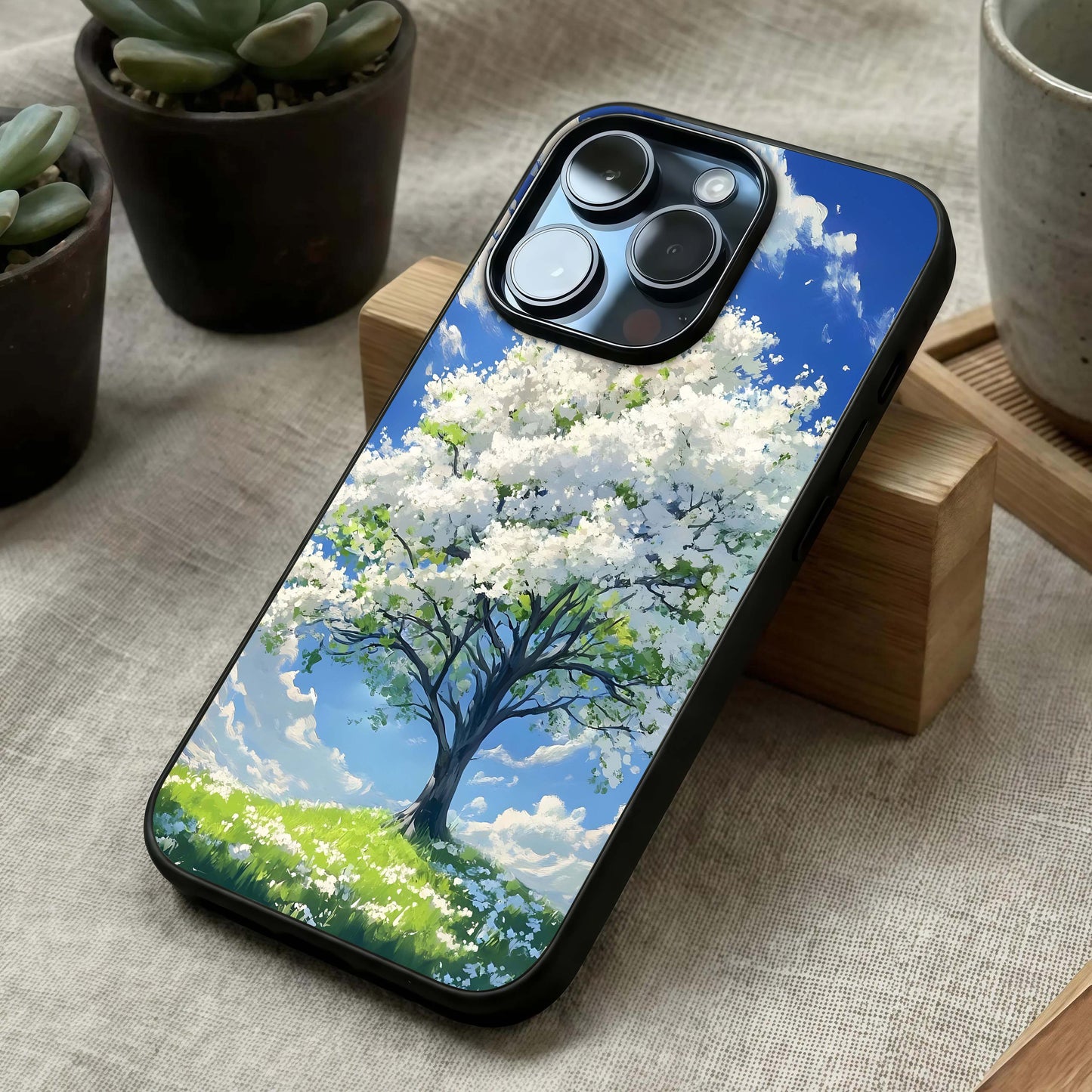Blossom Sky Serenity Glass Case laid diagonally highlighting smooth transitions and HD glass shine.
