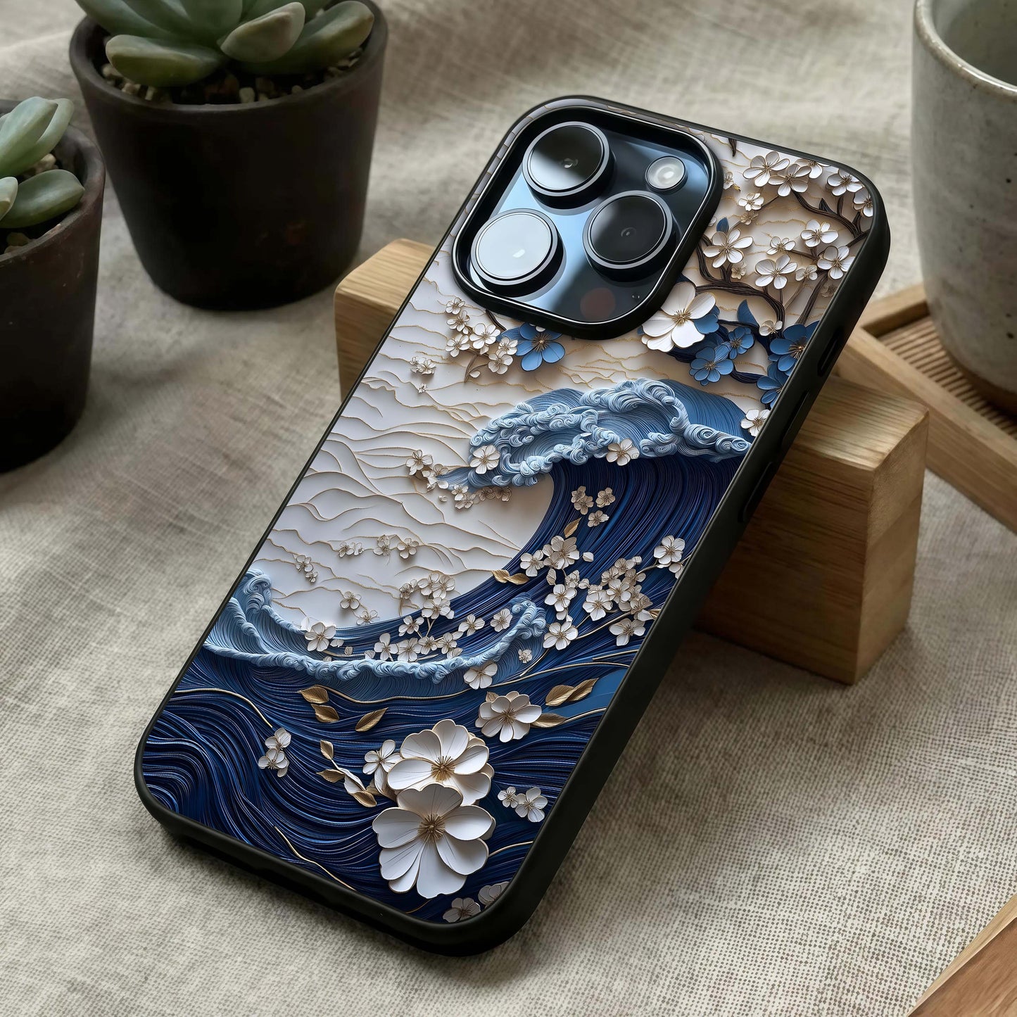 Blossom Wave Art Glass Case laid diagonally highlighting curved forms and HD glass shine.