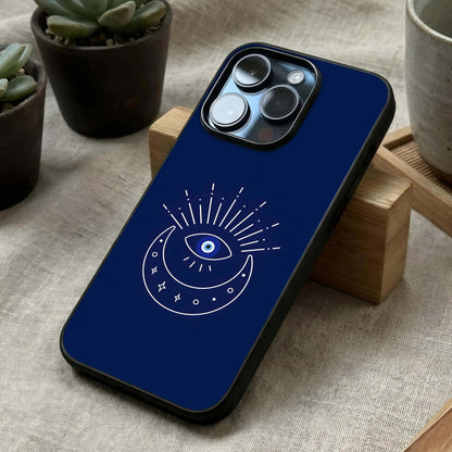 Blue Evil Eye Glass Case laid diagonally highlighting striking contrast and HD glass shine.