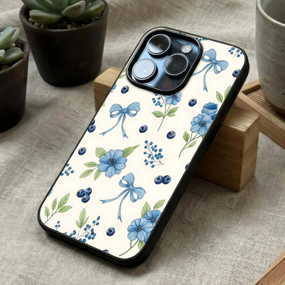 Blue Flower & Bow Glass Case laid diagonally highlighting decorative elements and HD glass shine.