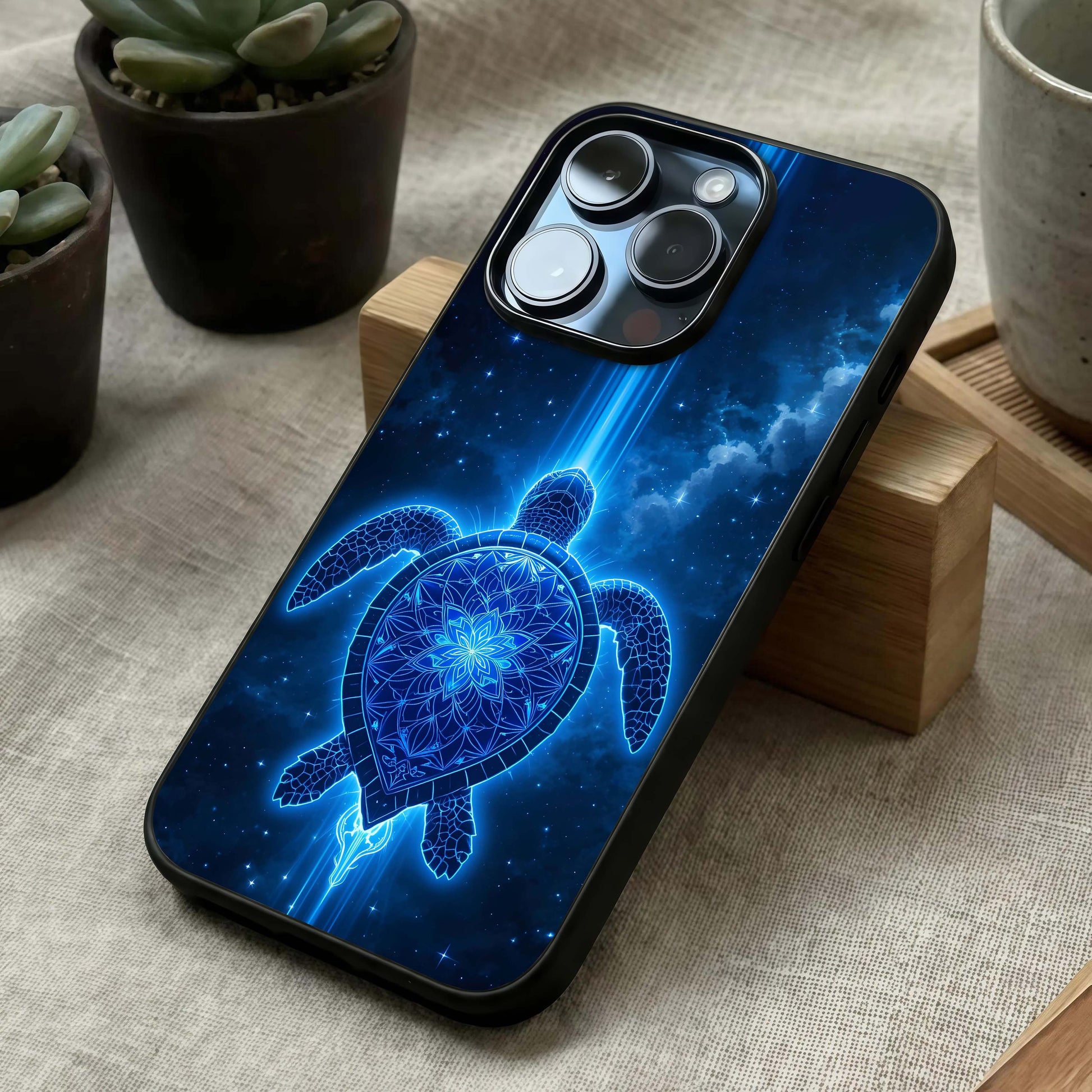 Blue Galaxy Turtle Glass Case laid diagonally highlighting starry elements and HD glass shine.