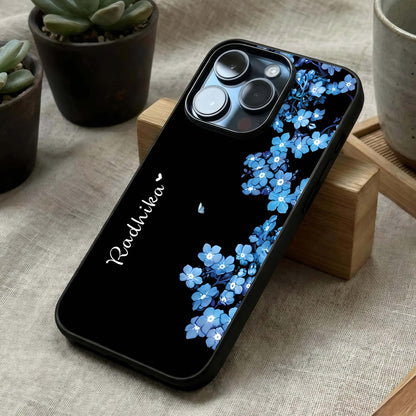 Blue Petal Dream Custom Name Glass Case laid diagonally highlighting gentle florals and HD glass shine.
