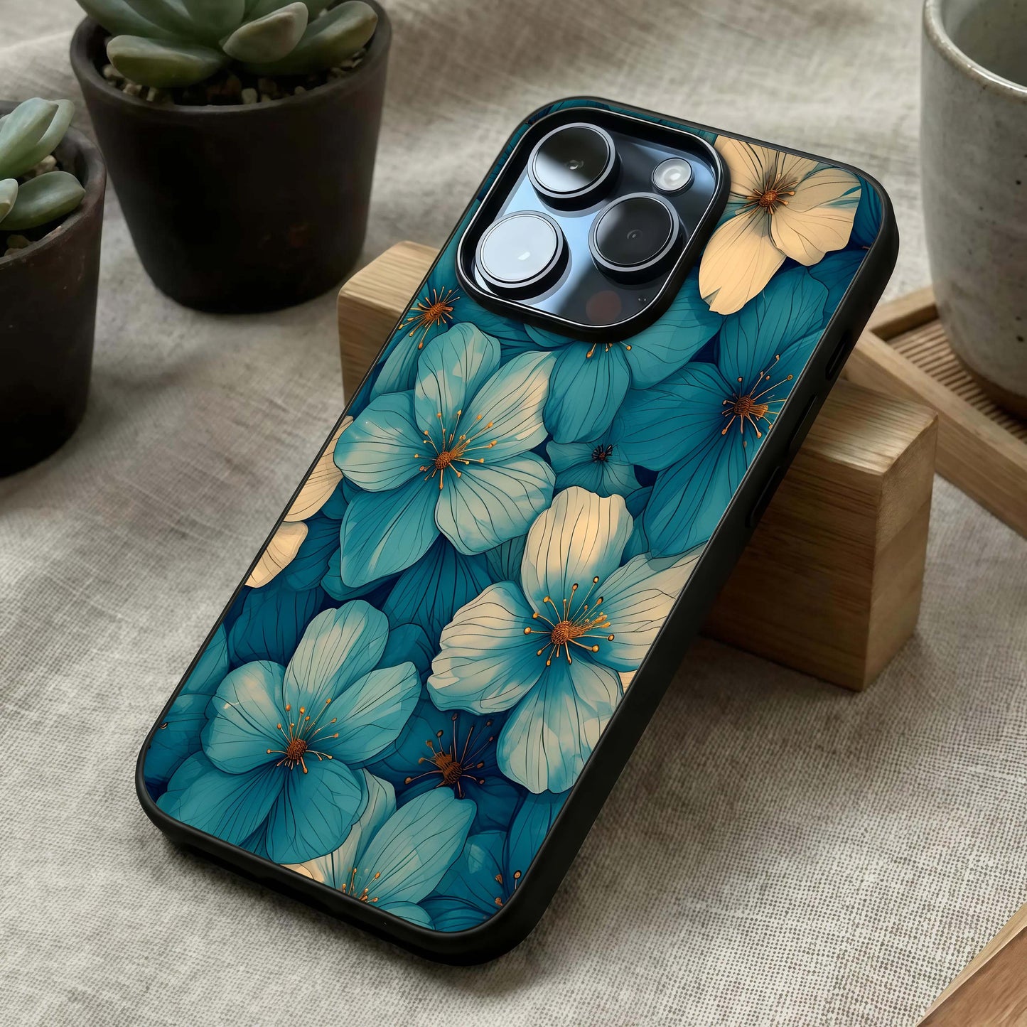 Blue Shade Floral Glass Case laid diagonally highlighting petal flow and HD glass shine.