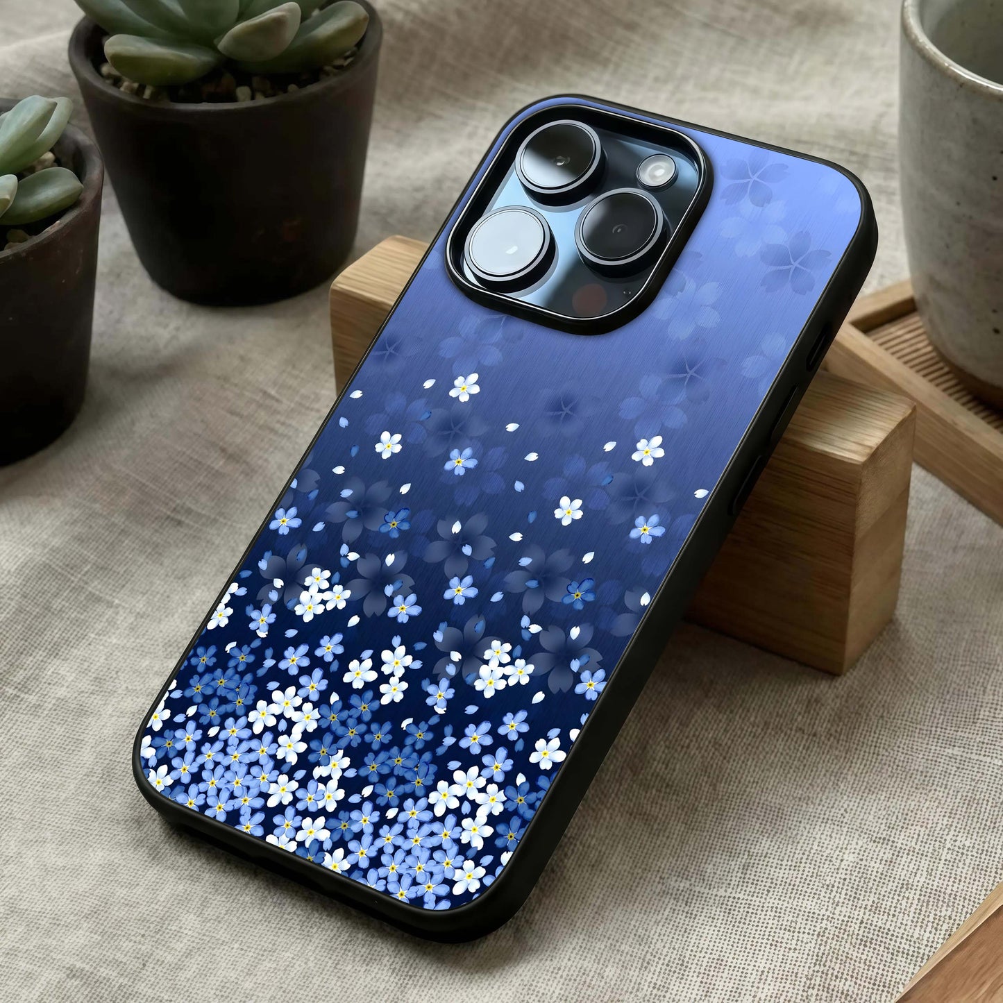 Blue Starry Glass Case laid diagonally highlighting cosmic sparkle and HD glass shine.