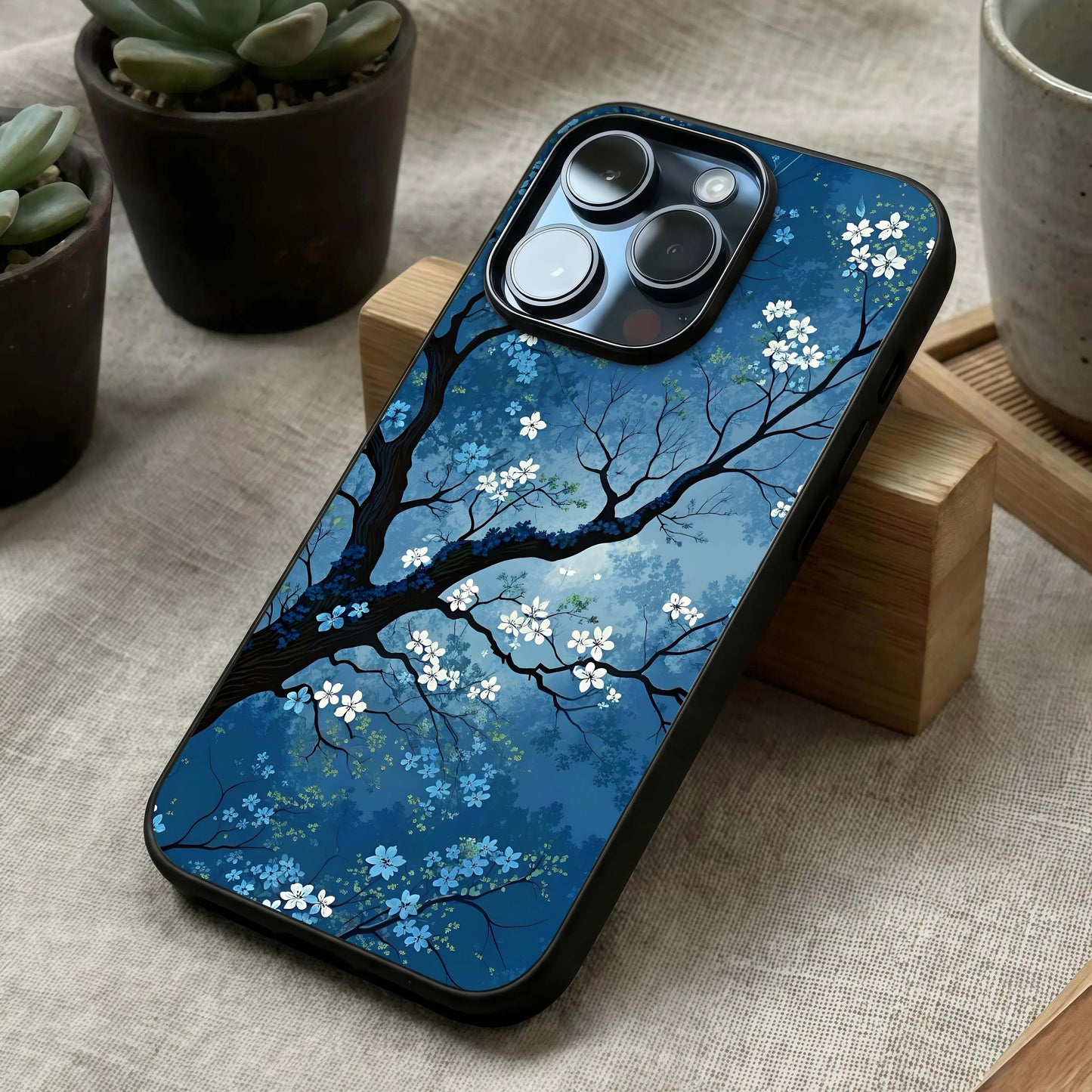 Blue Tree Serenity Glass Case laid diagonally highlighting natural balance and HD glass shine.