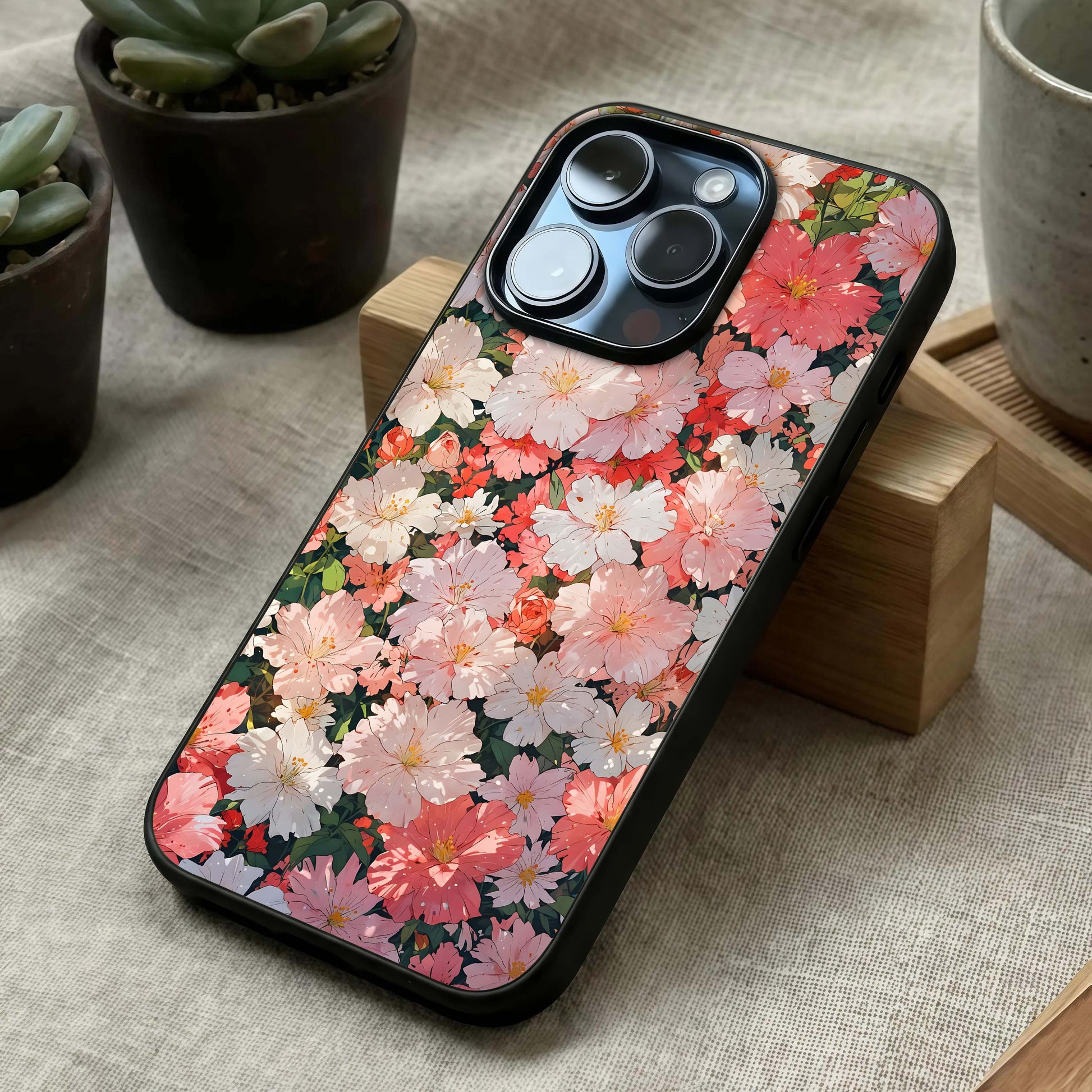 Blush Bloom Field Glass Case laid diagonally highlighting open field flow and HD glass shine.