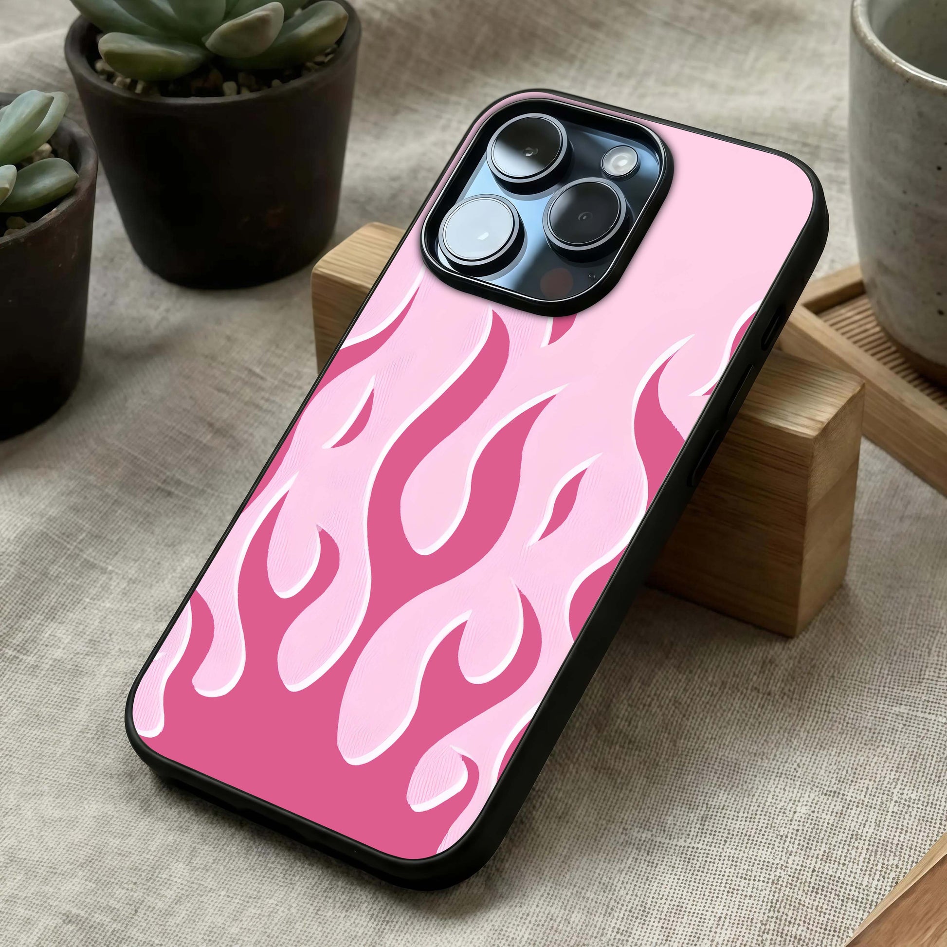 Blush Flame Energy Glass Case laid diagonally highlighting flowing energy and HD glass shine.