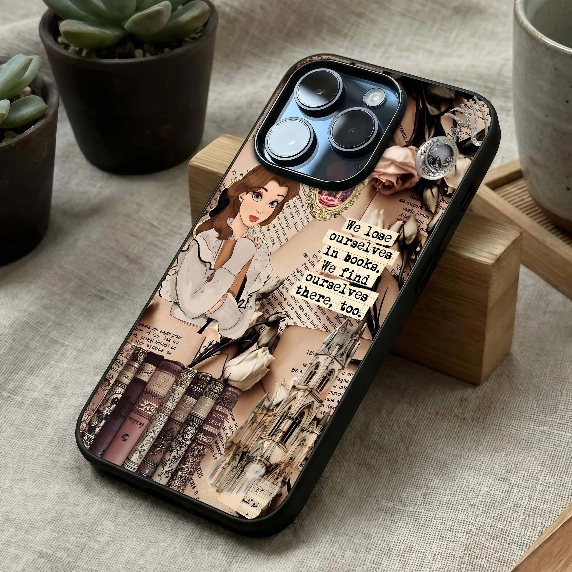Bookish Dream World Glass Case laid diagonally highlighting layered imagination and HD glass shine.