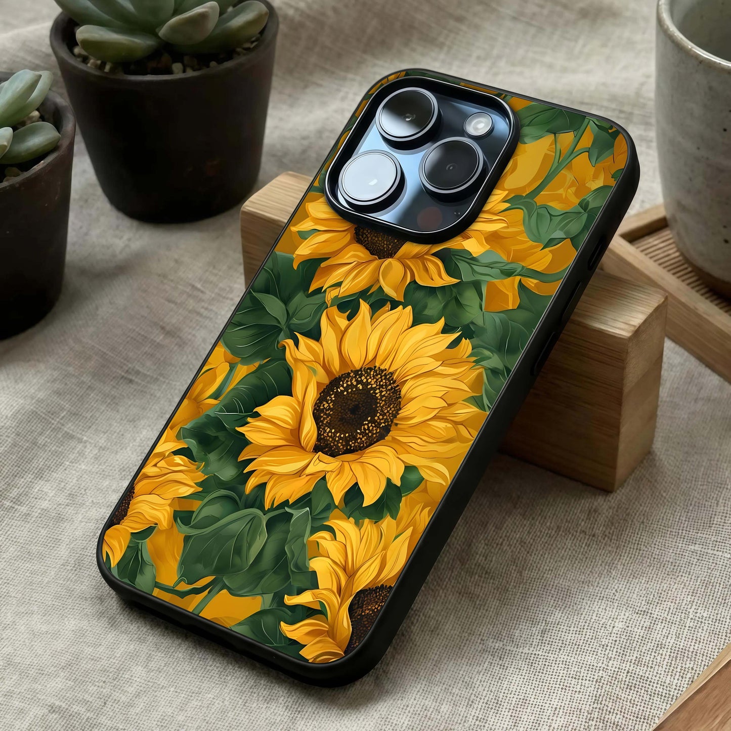 Bright Sunflower Bloom Glass Case laid diagonally highlighting radiant textures and HD glass shine.