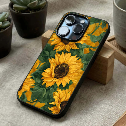 Bright Sunflower Bloom Glass Case laid diagonally highlighting radiant textures and HD glass shine.