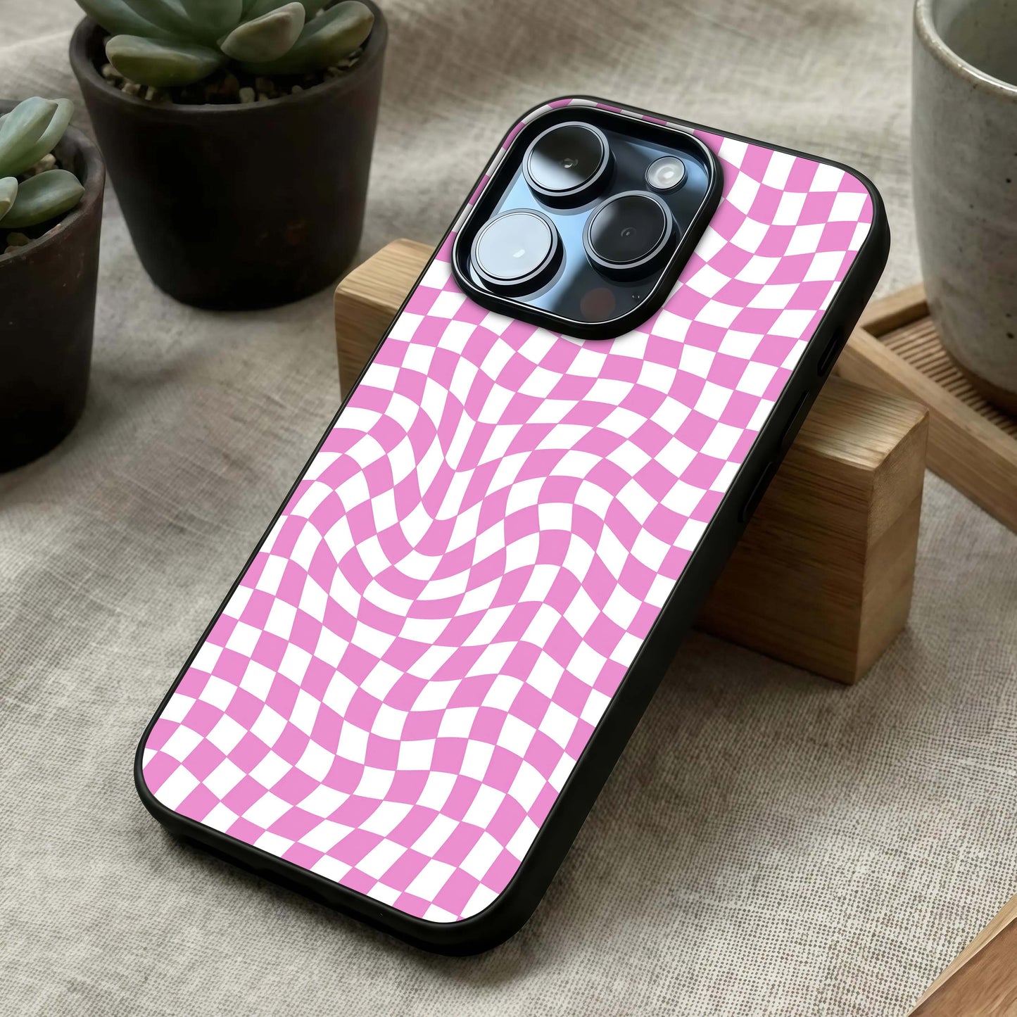 Bubblegum Check Wave Glass Case laid diagonally highlighting wave motion and HD glass shine.