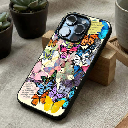 Butterflies Petal Dream Glass Case laid diagonally highlighting delicate motion and HD glass shine.