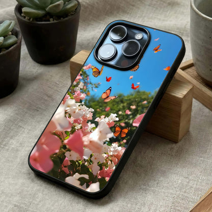 Butterflies in Bloom Sky Glass Case laid diagonally highlighting floating motion and HD glass shine.