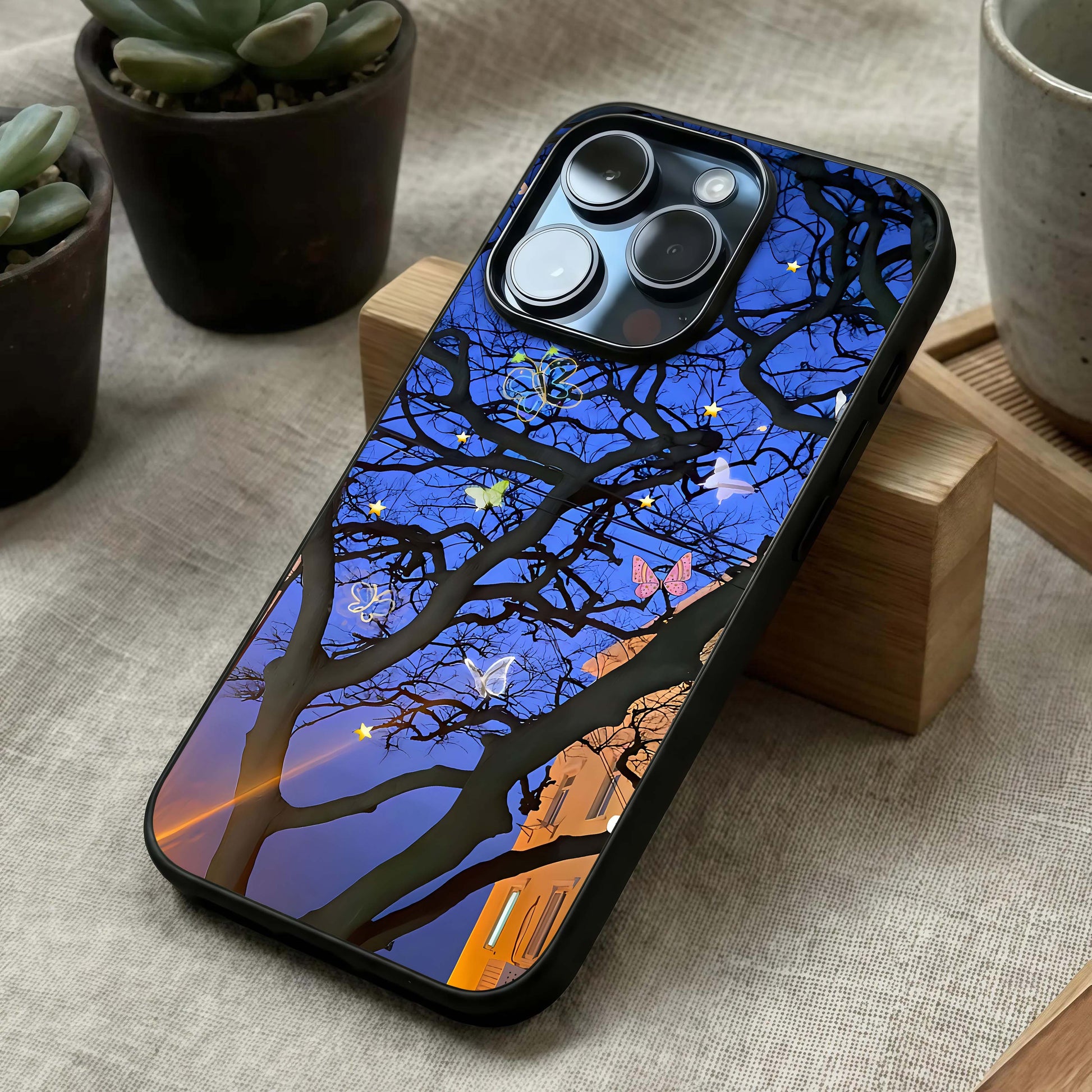 Butterfly Night Magic Glass Case laid diagonally highlighting glowing accents and HD glass shine.