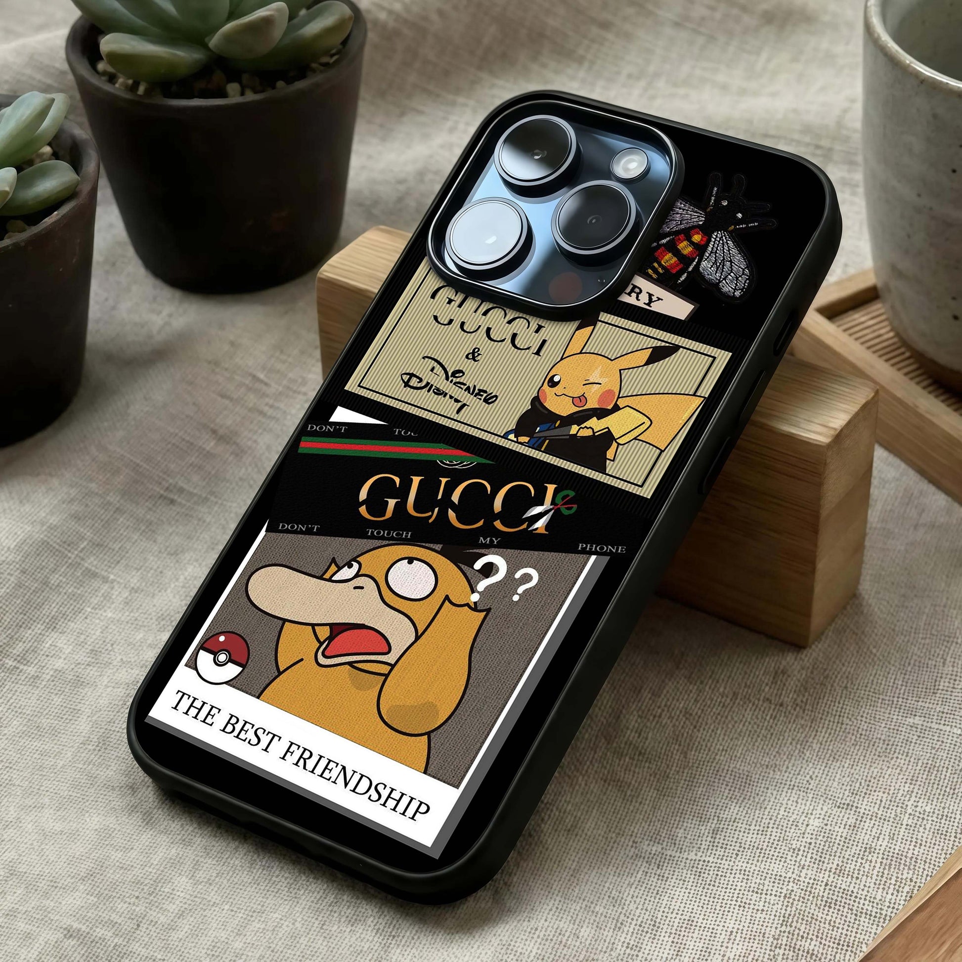 Cartoon Brand Play Mashup Glass Case laid diagonally highlighting playful composition and HD glass shine.