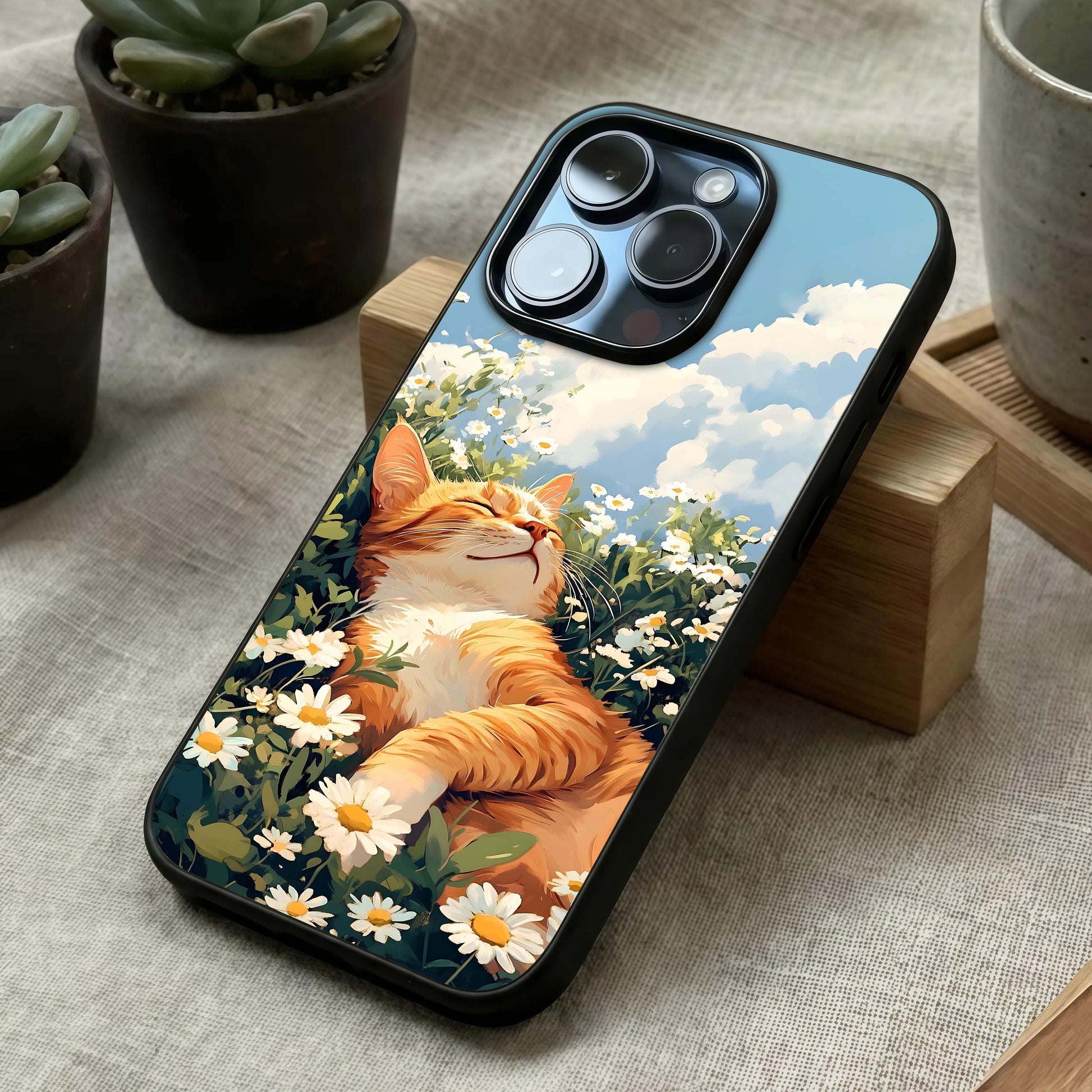 Cat & Flowers View Glass Case laid diagonally highlighting gentle composition and HD glass shine.