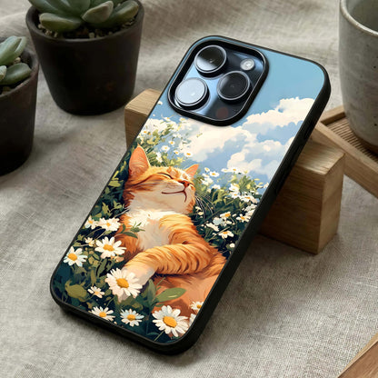 Cat & Flowers View Glass Case laid diagonally highlighting gentle composition and HD glass shine.