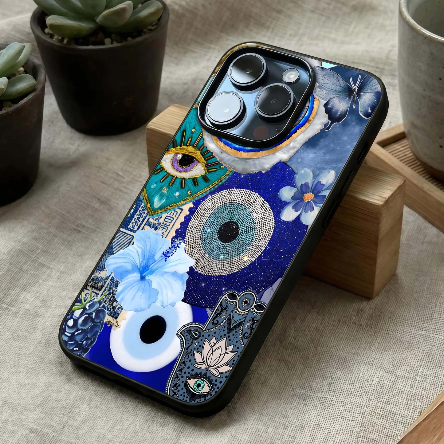 Celestial Blue Vision Glass Case laid diagonally highlighting radiant accents and HD glass shine.